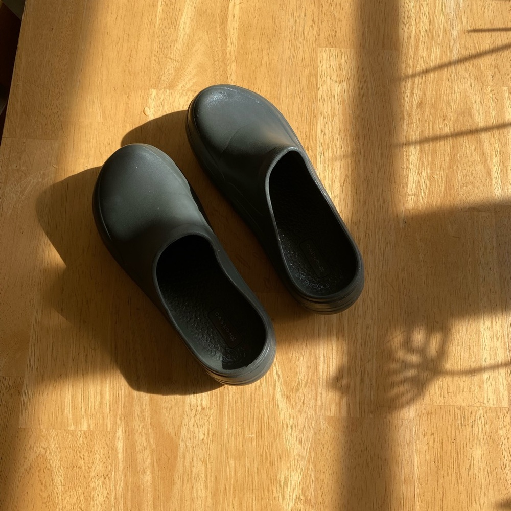 Caslon muted green rubber clogs